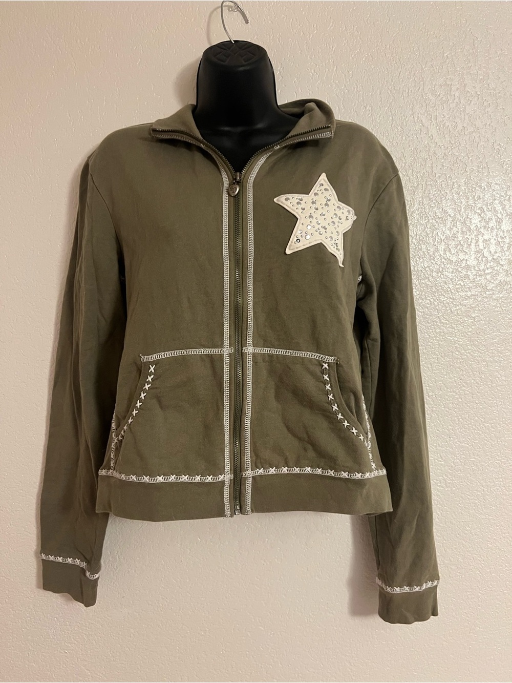 Olive Green Star-Appliqué Zip Bomber Jacket
